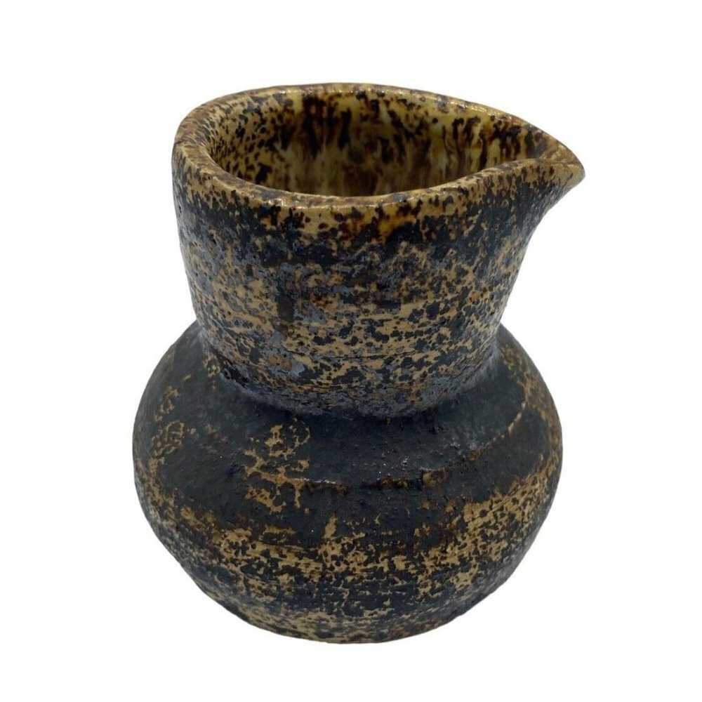 Vintage 70s Art Pottery Pitcher Brutalist Textured Speckled Stoneware Signed